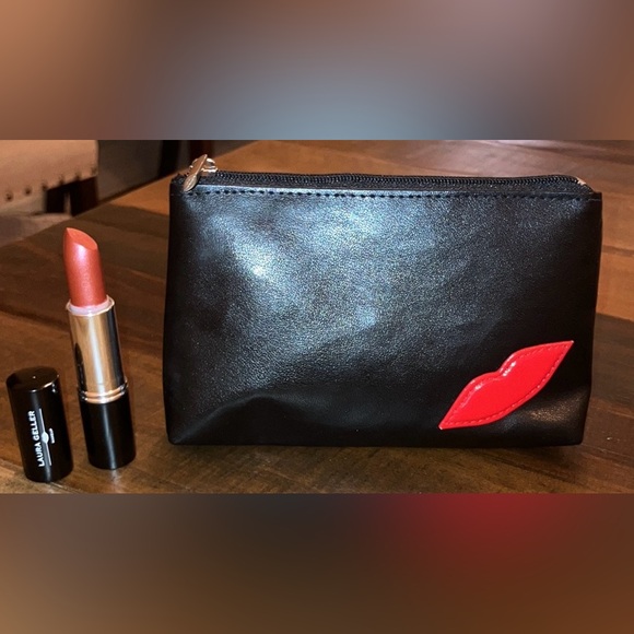 Laura Geller Other - Laura Gellar Black and Red Lips Makeup Zip Bag with Sweet Berry SPF 15 Lipstick